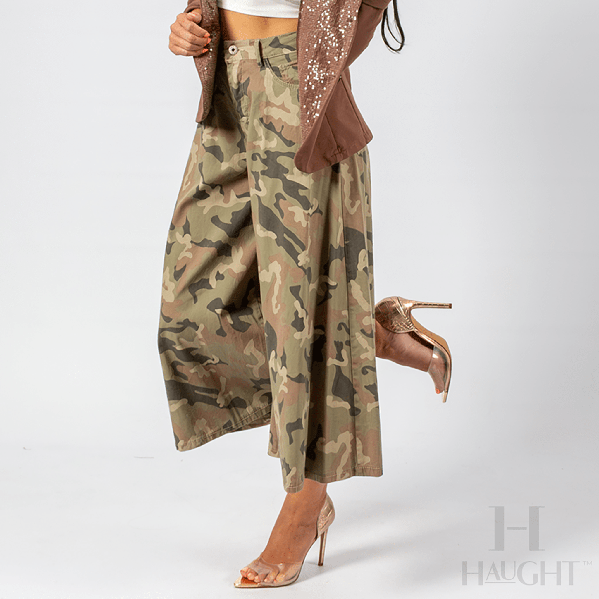 COTTON ELASTANE CAMO FLARE PANTS