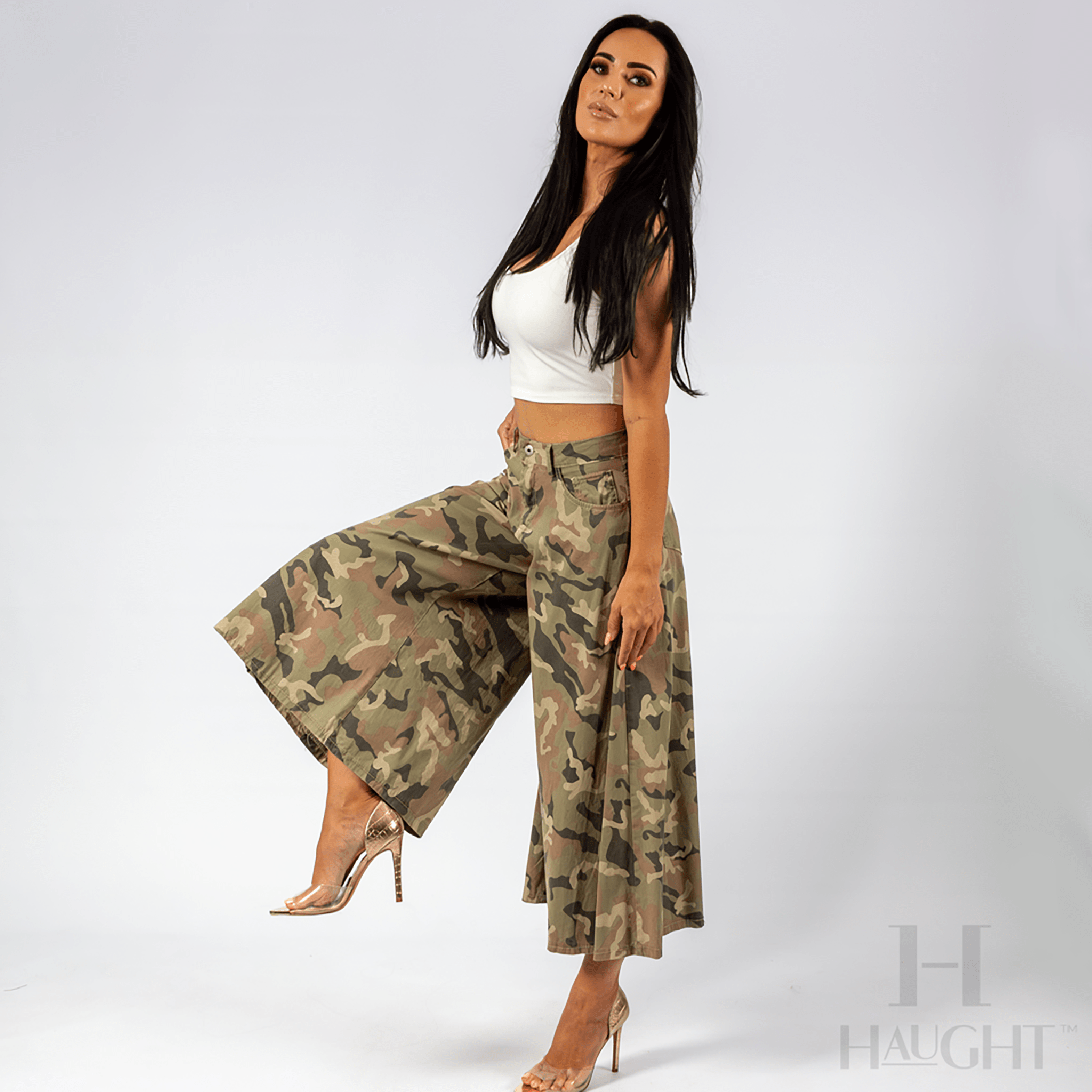 COTTON ELASTANE CAMO FLARE PANTS