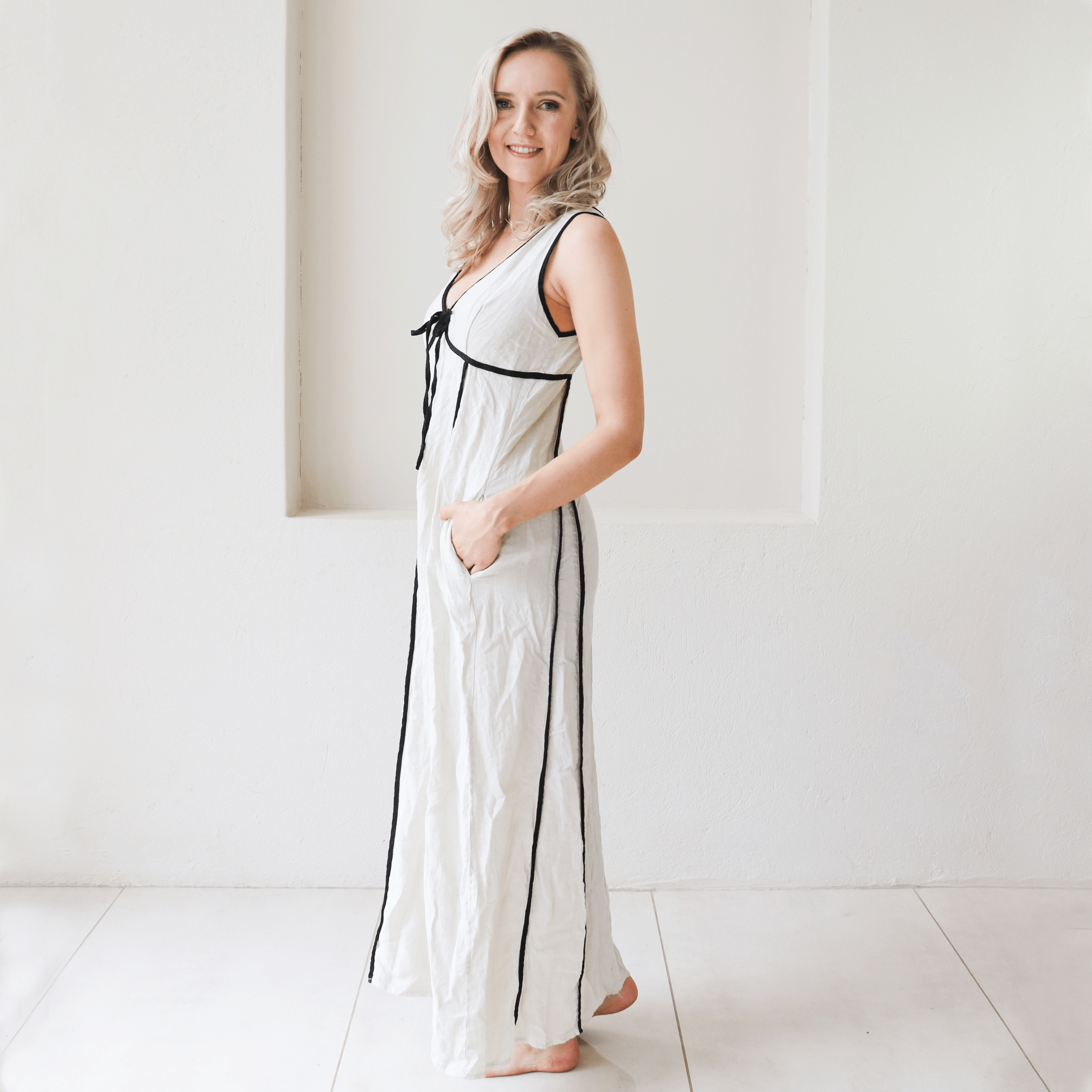 CONTESSA LINEN BLACK TRIM PLEATED BRA VEST DRESS