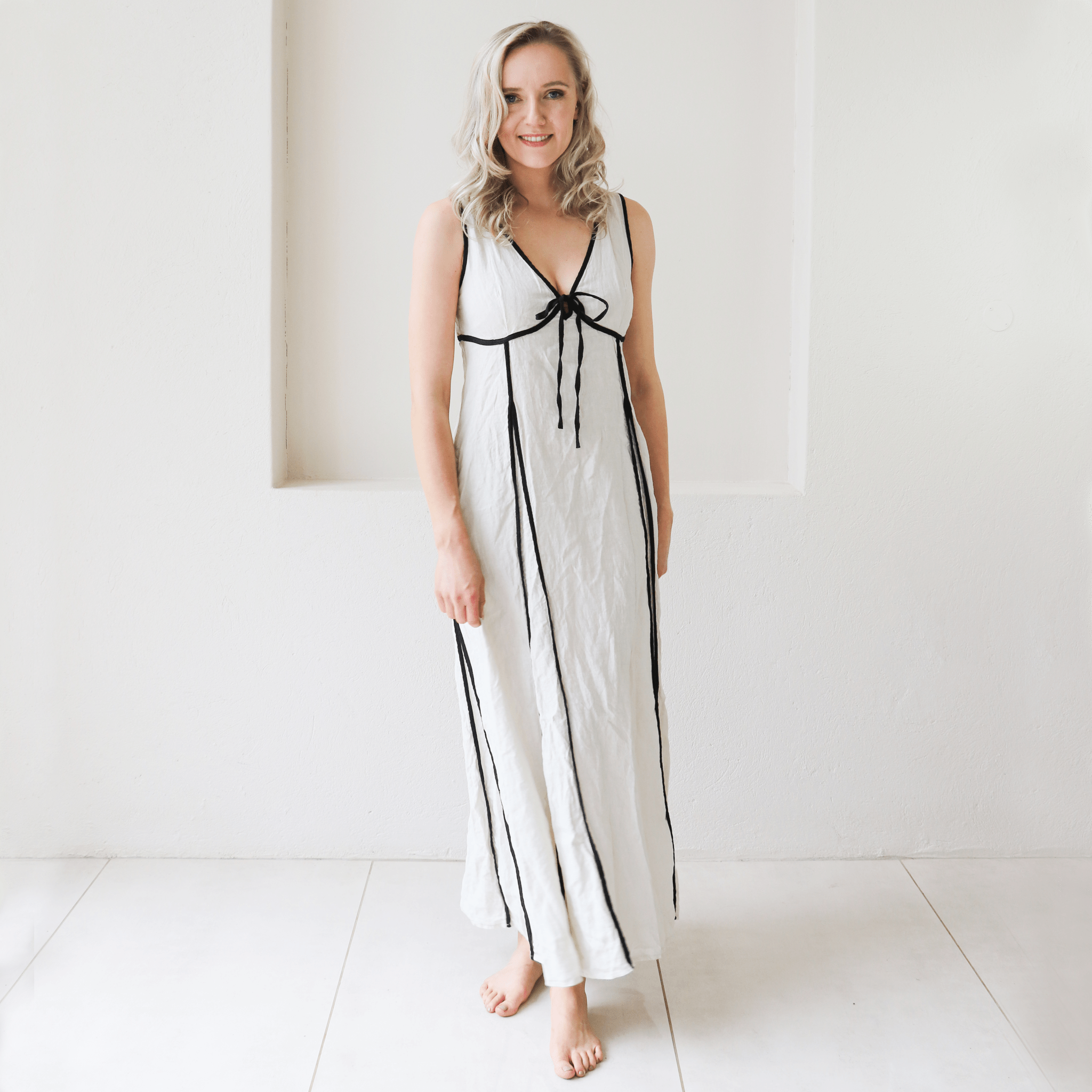 CONTESSA LINEN BLACK TRIM PLEATED BRA VEST DRESS