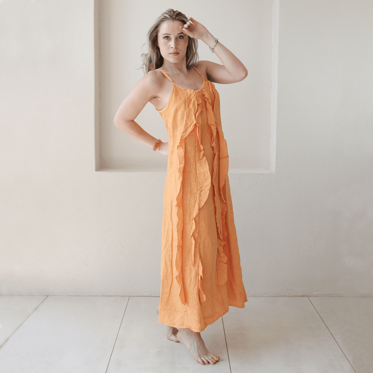 ARGELIA LINEN LONG RUFFLE CAMMIE DRESS