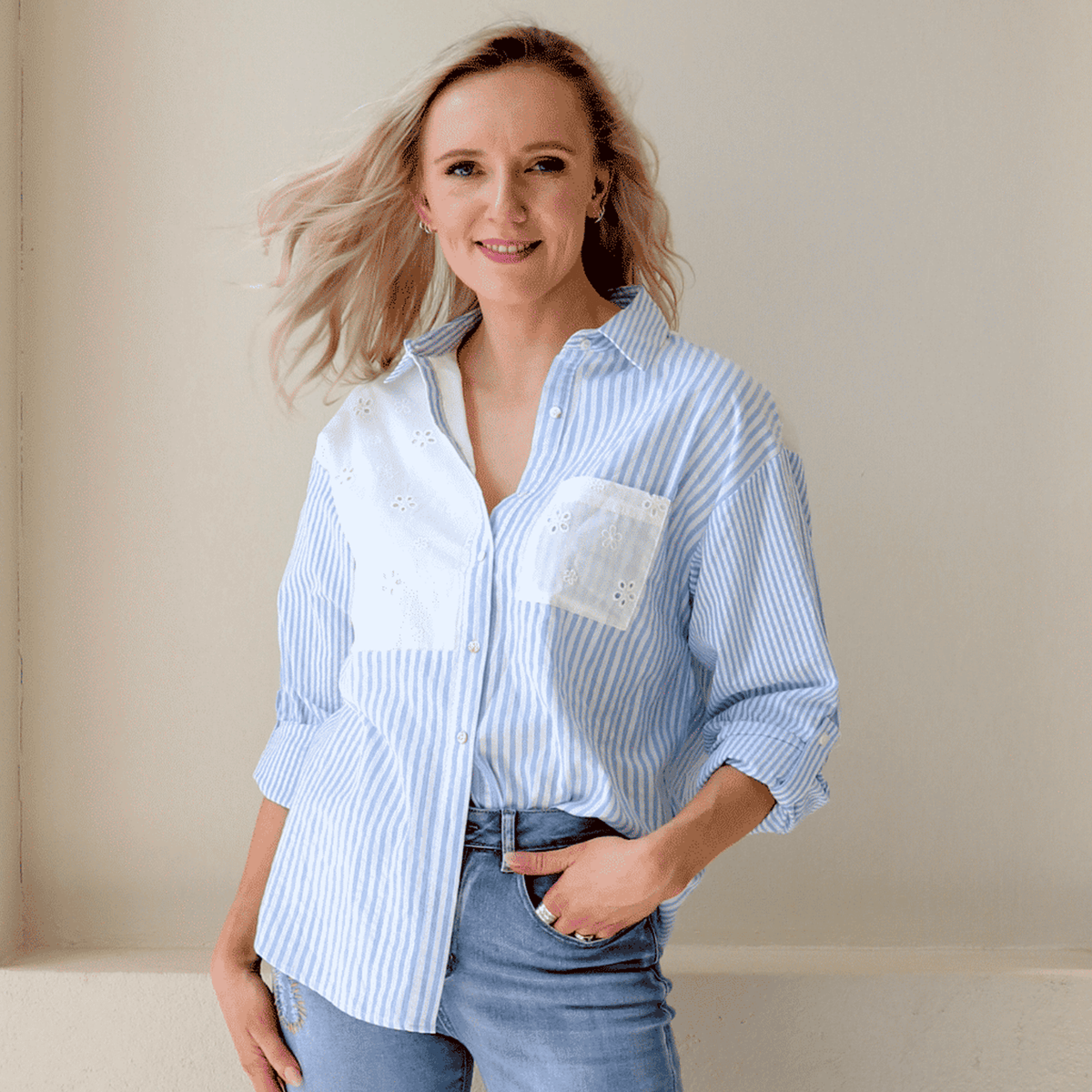 ALIVIA COTTON ANGLAISE STRIPE SHIRT