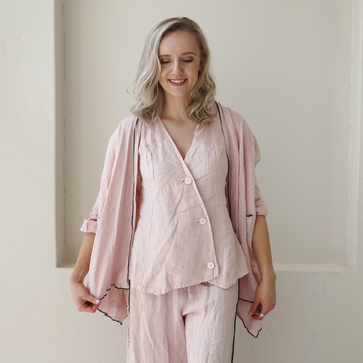CORETTA LINEN BLACK TRIM WATERFALL JACKET