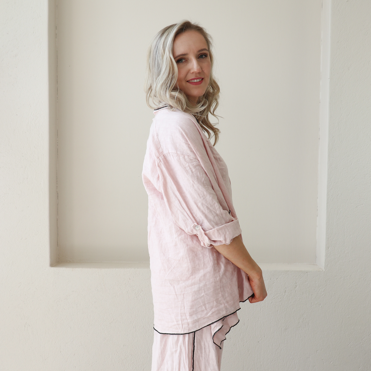 CORETTA LINEN BLACK TRIM WATERFALL JACKET