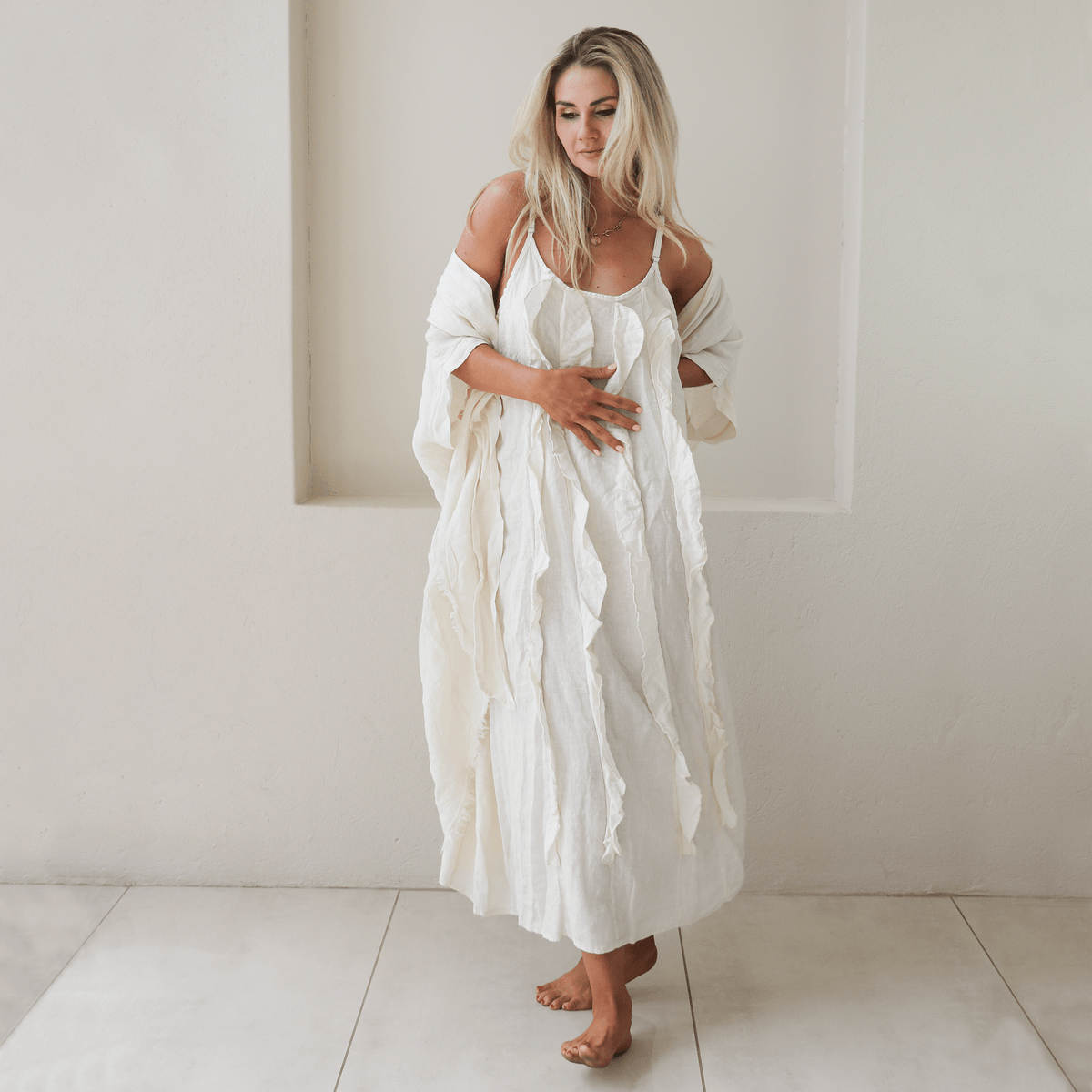 ARGELIA LINEN LONG RUFFLE CAMMIE DRESS