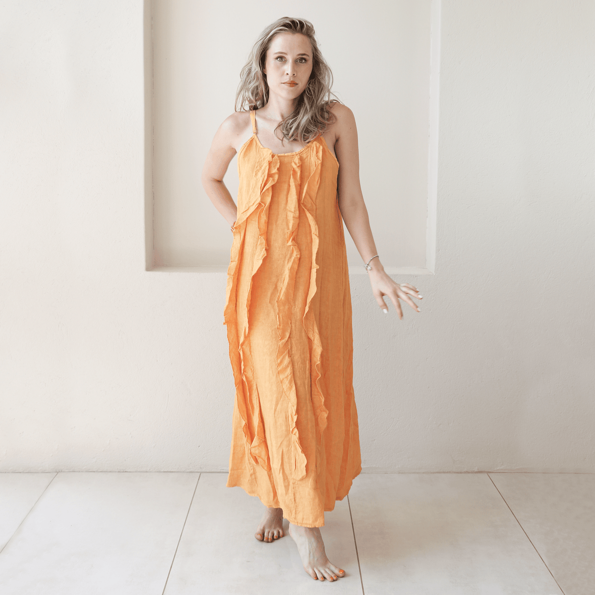 ARGELIA LINEN LONG RUFFLE CAMMIE DRESS